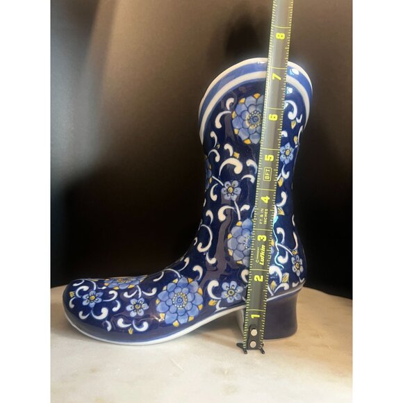 Vtg Chinoiserie Western Cowboy Boot Porcelain Vase Blue White Floral Texas Rodeo - Picture 7 of 7